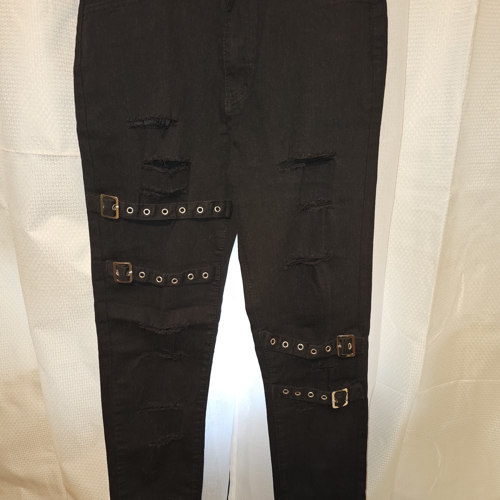 Black Distressed Buckle Detail Skinny Jeans